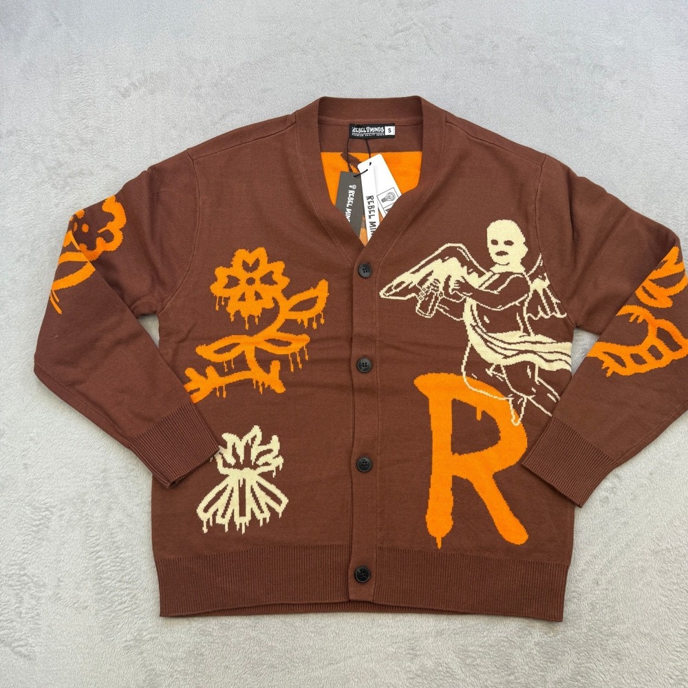 Rebel Minds Cardigan Mens‎ Medium Brown Orange Graffiti Cherub Angel Streetwear